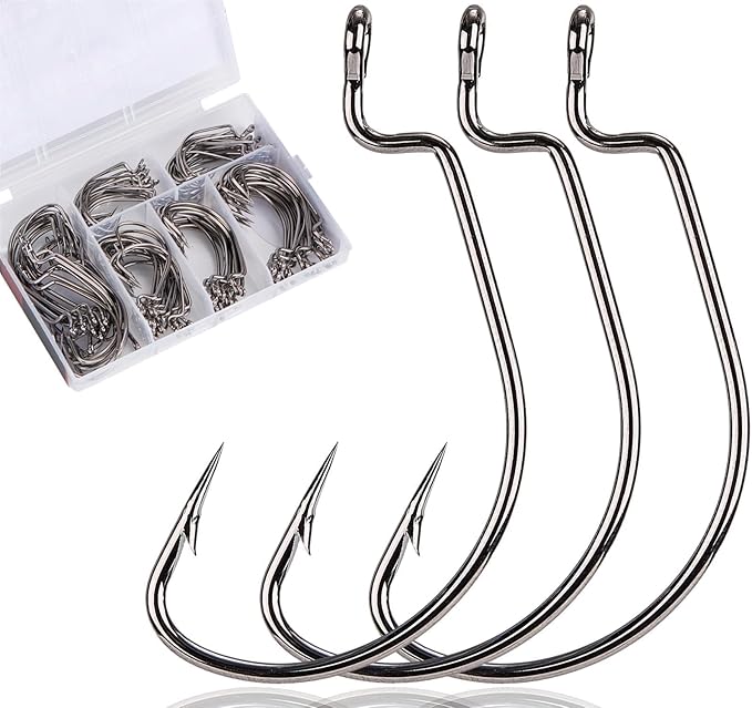 120Pcs Bass Hooks Set, Strong Offset Bass Fishing Hooks Freshwater Barbed Sharp Worm Hooks for Texas Rigging Fishing Extra Wide Gap 6 Sizes Assorted #1 1/0 2/0 3/0 4/0 5/0