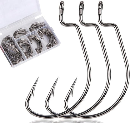 120Pcs Bass Hooks Set, Strong Offset Bass Fishing Hooks Freshwater Barbed Sharp Worm Hooks for Texas Rigging Fishing Extra Wide Gap 6 Sizes Assorted #1 1/0 2/0 3/0 4/0 5/0