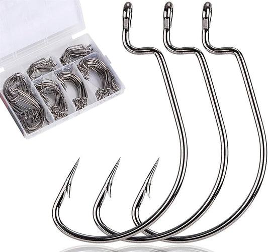 120Pcs Bass Hooks Set, Strong Offset Bass Fishing Hooks Freshwater Barbed Sharp Worm Hooks for Texas Rigging Fishing Extra Wide Gap 6 Sizes Assorted #1 1/0 2/0 3/0 4/0 5/0