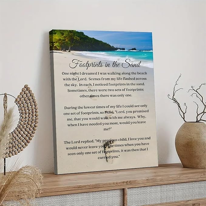 Footprints in the Sand Religious Canvas Wall Art Posters, Inspirational Beach Sunset Poem Print Poster (Framed 12x18inch, Footprints(4))