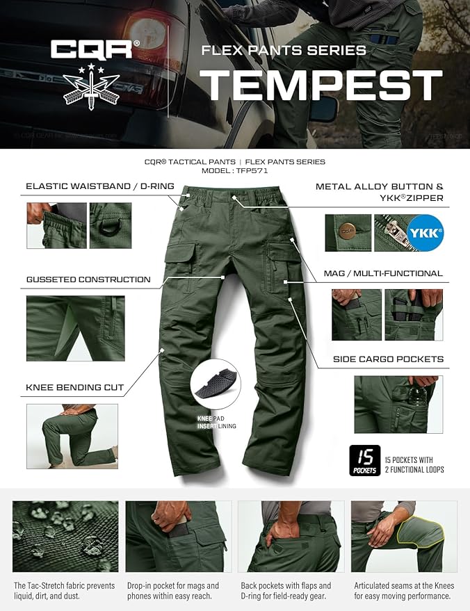 CQR Men's Flex Stretch Tactical Pants, Water Resistant Ripstop Cargo Pants, Lightweight EDC Outdoor Work Hiking Pants