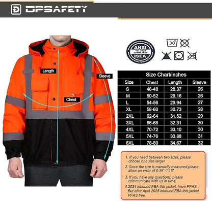 Safety jacket for men,Reflective high Visibility Hooded jacket,Hi-Vis Bomber Jacket with Pockets and Zipper,Waterproof,Black Bottom,ANSI/ISEA 107-2020 Type R Class 3,Orange