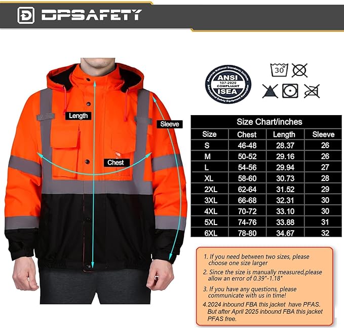 Safety jacket for men,Reflective high Visibility Hooded jacket,Hi-Vis Bomber Jacket with Pockets and Zipper,Waterproof,Black Bottom,ANSI/ISEA 107-2020 Type R Class 3,Orange
