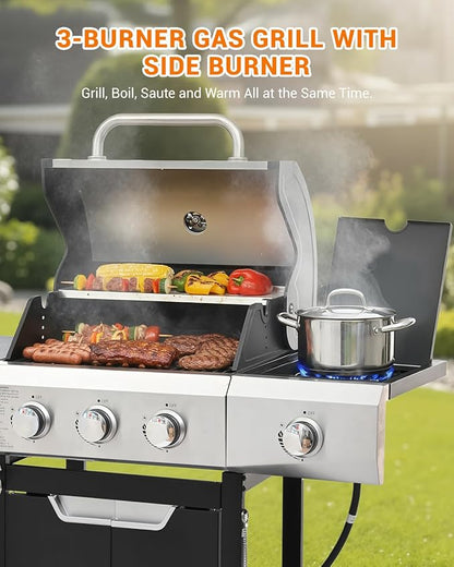 40,500 BTU 3-Burner Propane Gas Grill with Side Burner,Stainless Steel Outdoor BBQ Grill Portable with Wheels and Cast Iron Grates for Patio Garden Barbecue Cooking