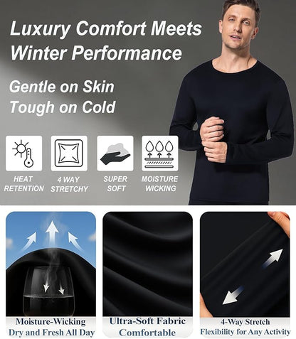 2 Pack Thermal Underwear Long Johns for Men Fleece Lined Base Layer Tops and Bottoms Set Cold Weather Winter Gear