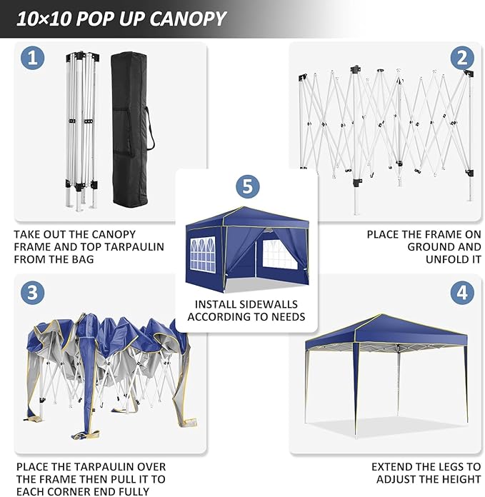 COBIZI 10x10 Pop Up Canopy with 4 Sidewalls, Easy up Canopy for Events, Sports, Beach, Party, Outdoor Party Canopies with 4 Weight Bags, Stakes x4, Ropes x4, Dark Blue
