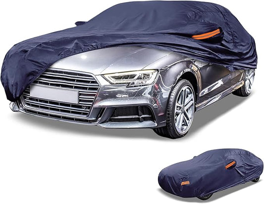 Universal Car Cover Waterproof All Weather 190T-PU, UV Sun Rain Protection, Fits for Sedan Length 178"-186", with Left Side Zipper, Navy Blue