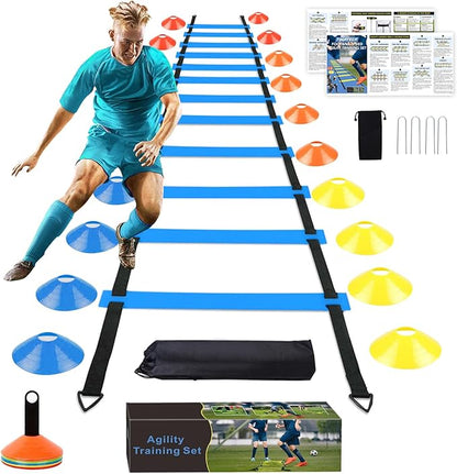 Soccer Speed Agility Training Set - 20FT Agility Ladder 12/16 Sports Cones and Soccer Kick Trainer Football Training Equipment Footwork Drills for Youth and Adults