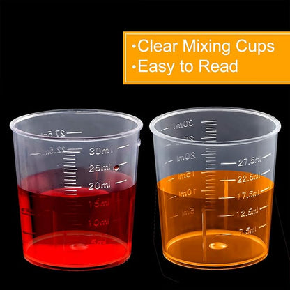 Coopay Plastic Graduated Cups Tools - 50 Pack 30ml/1oz Transparent Scale Measuring Cups, 50 Pack Wooden Stirring Sticks and 3ml Transfer Pipettes for Resin, Epoxy, Stain, Mixing Paint