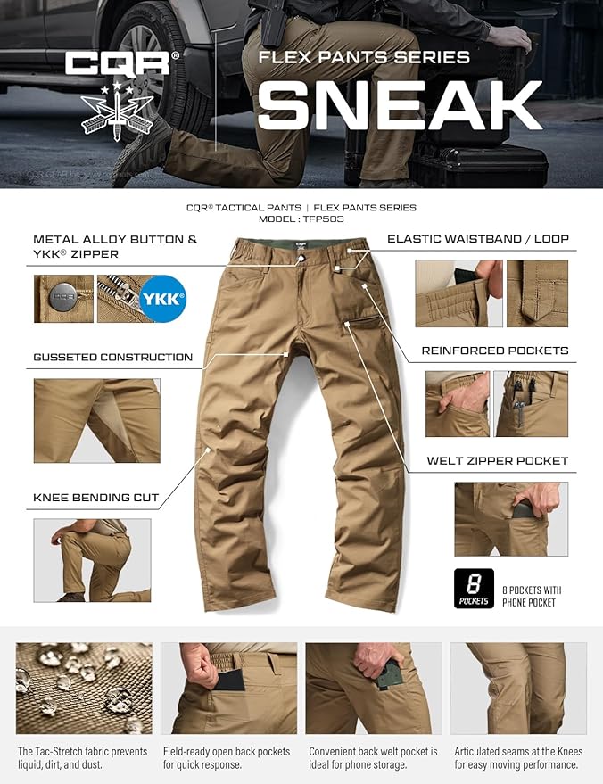 CQR Men's Flex Stretch Tactical Pants, Water Resistant Ripstop Cargo Pants, Lightweight EDC Outdoor Work Hiking Pants