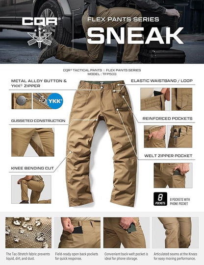 CQR Men's Flex Stretch Tactical Pants, Water Resistant Ripstop Cargo Pants, Lightweight EDC Outdoor Work Hiking Pants