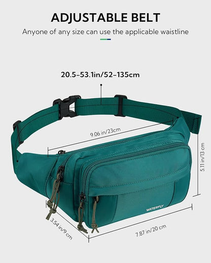 WATERFLY Fanny Pack Waist Packs: Large Crossbody Fanny Packs for Women Men with 5 Zipper Pockets Adjustable Strap Waist Bags Hip Pack for Traveling Cycling Running Hiking-Cyan
