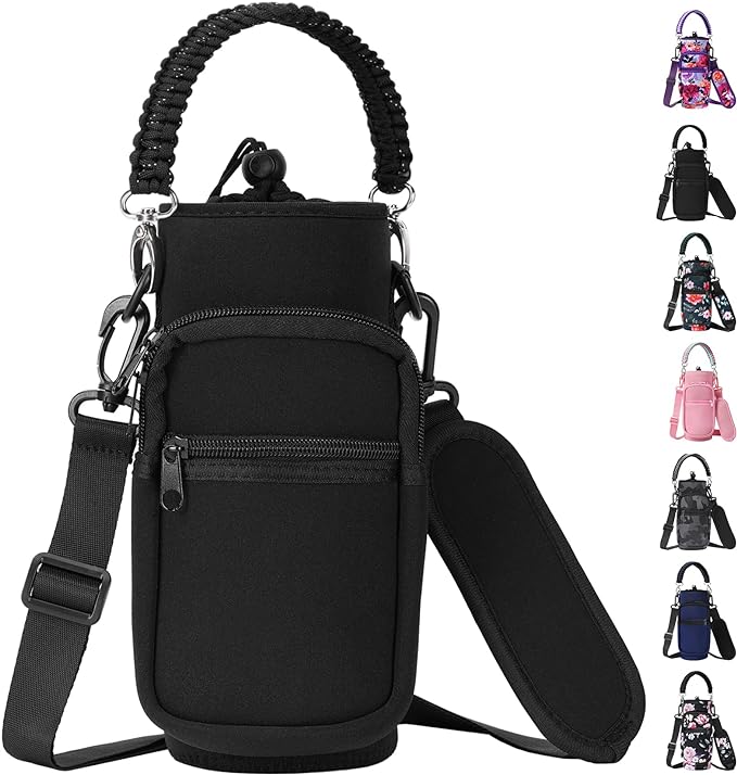 32/40/64/128 oz Neoprene Insulated Water Bottle Carrier Bag, Sling Bag Sleeve Pouch Holder with Strap & Paracord Handle and 2 Pocket for Travelling, Hiking, Camping