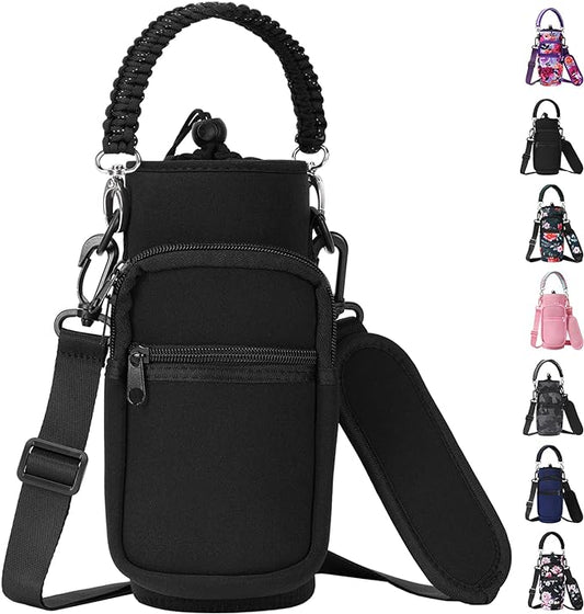 32/40/64/128 oz Neoprene Insulated Water Bottle Carrier Bag, Sling Bag Sleeve Pouch Holder with Strap & Paracord Handle and 2 Pocket for Travelling, Hiking, Camping