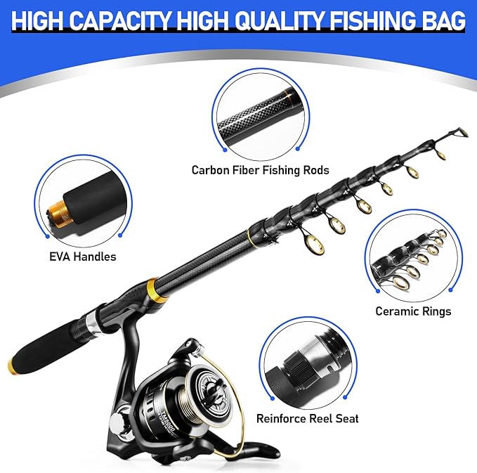 Telescopic Fishing Rod and Reel Combo Kit, 2PACK 6.9FT Carbon Fiber Collapsible Rods, Spinning Reels, Lures and Carrier Bag, Saltwater & Freshwater Travel Fishing Gear for Adults