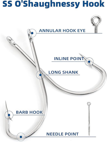 BLUEWING Stainless Steel SS O' Shaughnessy Hooks 5pcs/10pcs Heavy Duty Long Shank for Saltwater & Freshwater