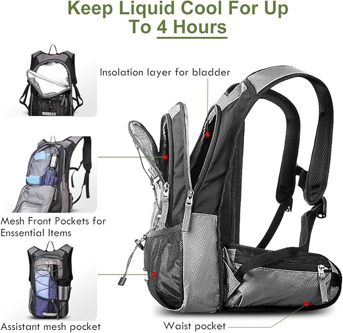 Hydration Pack, Insulated Hydration Backpack with 2L BPA Free Water Bladder and Storage, Hiking Backpack for Men, Women, Kids for Running, Cycling, Camping - Keep Liquid Cool up to 5 Hours