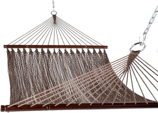 Lazy Daze Hammocks 10.5 FT Double 2 Person Caribbean Rope Hammock, Hand Woven Polyester Hammock with Spreader Bars for Outdoor Backyard Patio Poolside, 450 LBS Capacity, Brown
