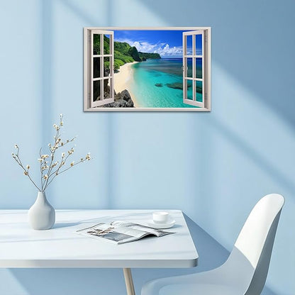 ANRUOXI Beach Window Canvas Wall Art, Enclosed Bedroom Living Room Ocean Coastal Channel Scene Picture, Tropical Sea Landscape Painting Print Artwork Horizontal Seascape Artwork for Bedroom 18x24 Inch