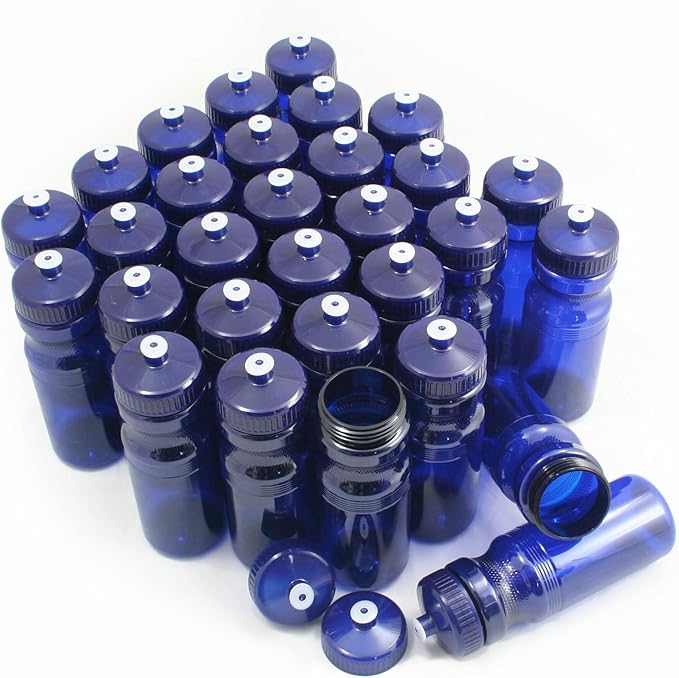 Rolling Sands USA Made 24 Ounce Sports Water Bottles - 30 Pack BPA-Free Blank Plastic Bottles for Teams, Gyms & Studios - Translucent Navy Blue Bottle/Navy Blue Lid