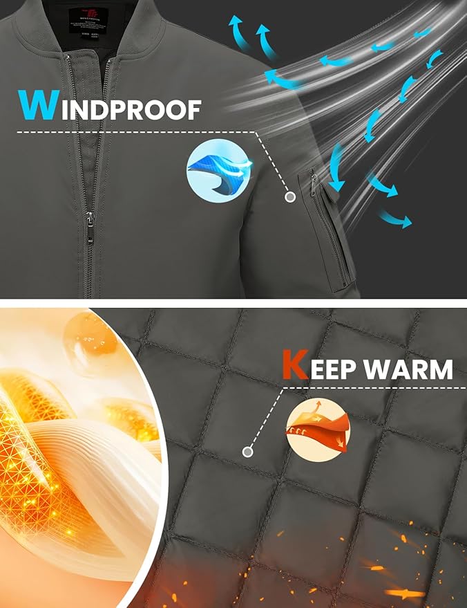 TBMPOY Men's Fall Jacket Winter Windbreaker Bomber Zip Up Padded Softshell Warm Windproof Casual Coat