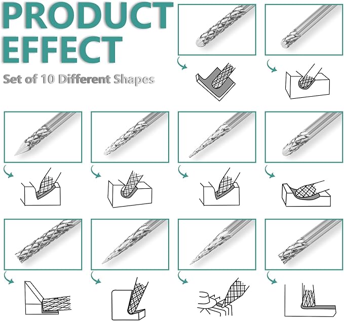 CATITO Carbide Burr Set Die Grinder Bit, 10Pcs 1/8" Shank Double Cut Carbide Rotary Burr Set for Steel, Wood and Metal Working, Engraving, polishing and Cleaning.