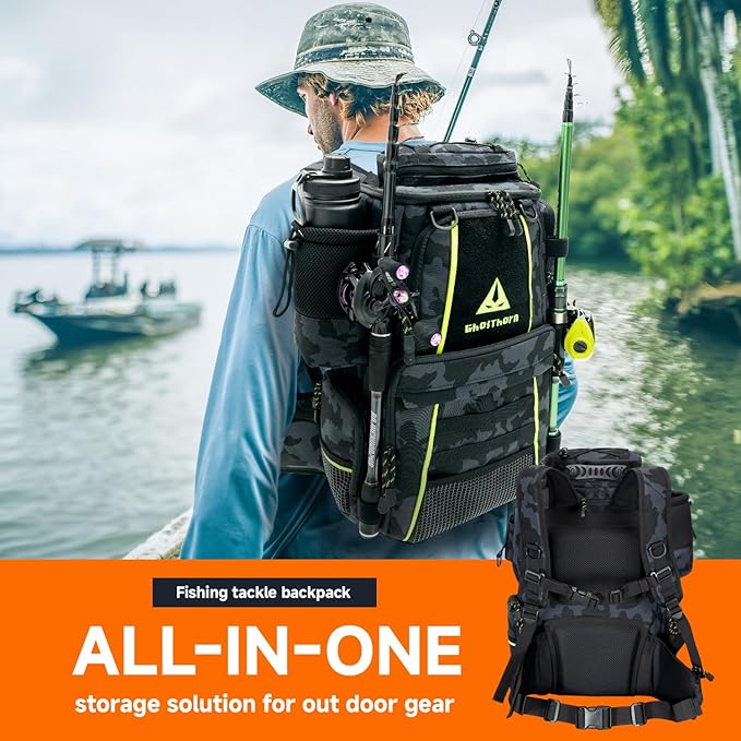 Ghosthorn Fishing Tackle Backpack with 4 3600 Tackle Boxes Rod Holder Outdoor 43L Large Bag with Detachable Wasit Bag Storage Gear and Equipment Waterproof