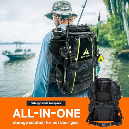 Ghosthorn Fishing Tackle Backpack with 4 3600 Tackle Boxes Rod Holder Outdoor 43L Large Bag with Detachable Wasit Bag Storage Gear and Equipment Waterproof