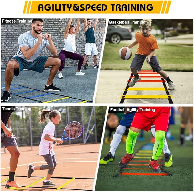 Soccer Speed Agility Training Set - 20FT Agility Ladder 12/16 Sports Cones and Soccer Kick Trainer Football Training Equipment Footwork Drills for Youth and Adults