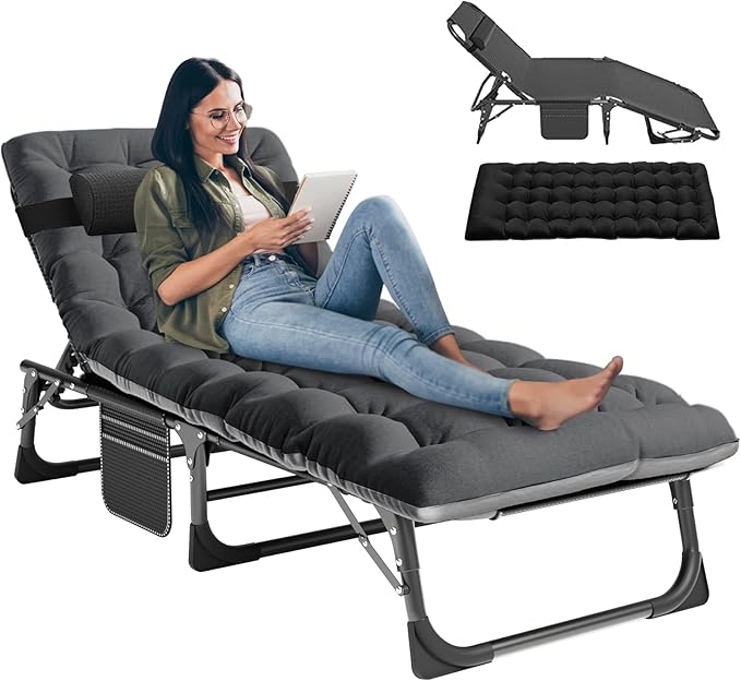 LILYPELLE Folding Lounge Chair with Mattress, 5 Position Adjustable Folding Cot Portable Outdoor Folding Chaise Lounge Chair for Outside, Sunbathing, Camping, Pool, Beach, Patio, Black Deep