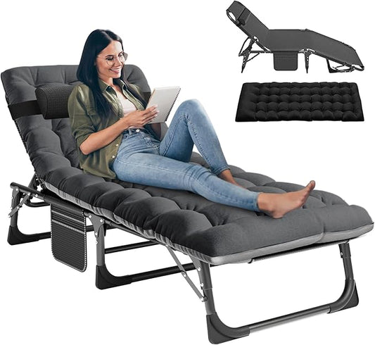 LILYPELLE Folding Lounge Chair with Mattress, 5 Position Adjustable Folding Cot Portable Outdoor Folding Chaise Lounge Chair for Outside, Sunbathing, Camping, Pool, Beach, Patio, Black Deep