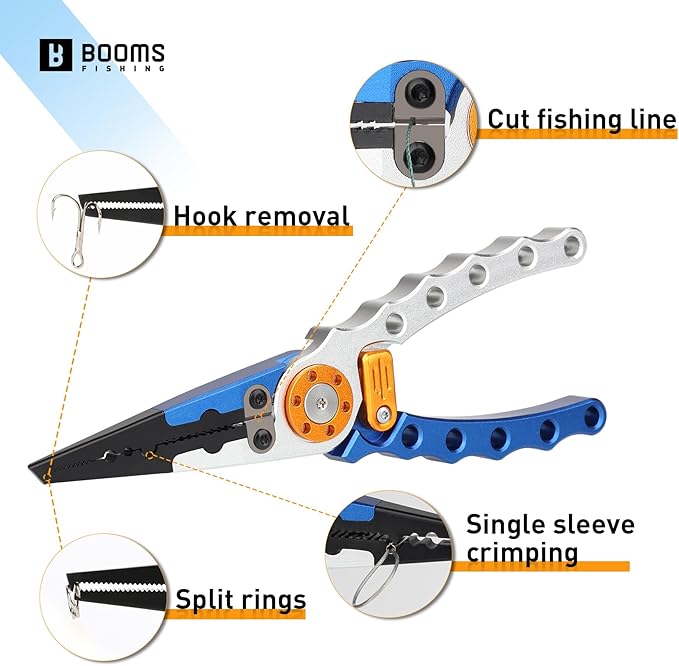 Booms Fishing X1 Aluminum Fishing Pliers Saltwater, Surf Fishing Tackle Kit, Fishing Multitool Hook Remover Braided Fishing Line Cutting and Split Ring with Coiled Lanyard and Sheath