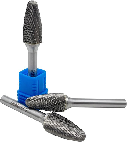 LU&MN SF-5 Tungsten Carbide Burr Tree Shape Radius End Double Cut Rotary Burr File (1/2” Cutter Dia X 1”Cutter Length) with 1/4'' Shank, 3PCS