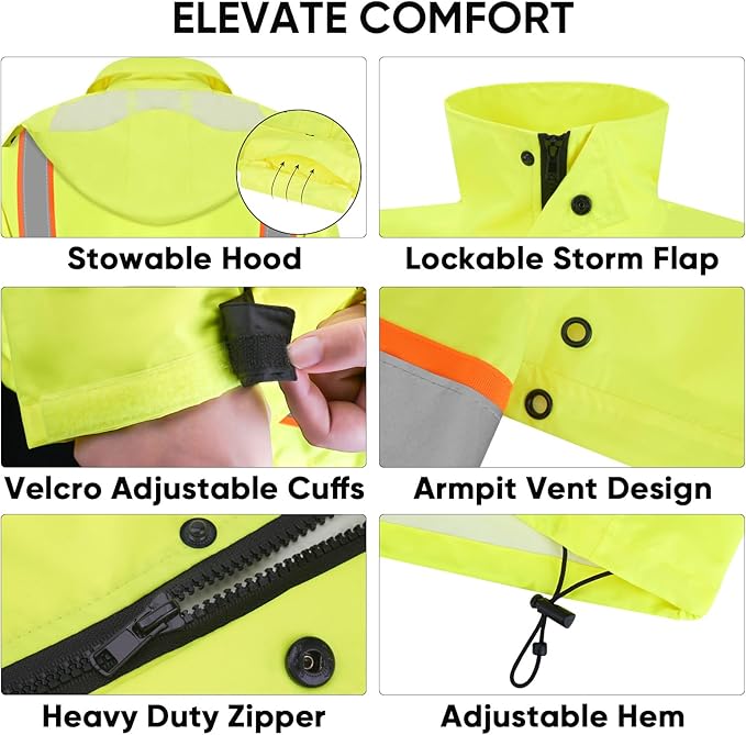 TICONN Reflective Rain Jacket Safety Jacket, Waterproof Hi Vis Rain Coat, Class III High Visibility Coat (Yellow&Black, S)