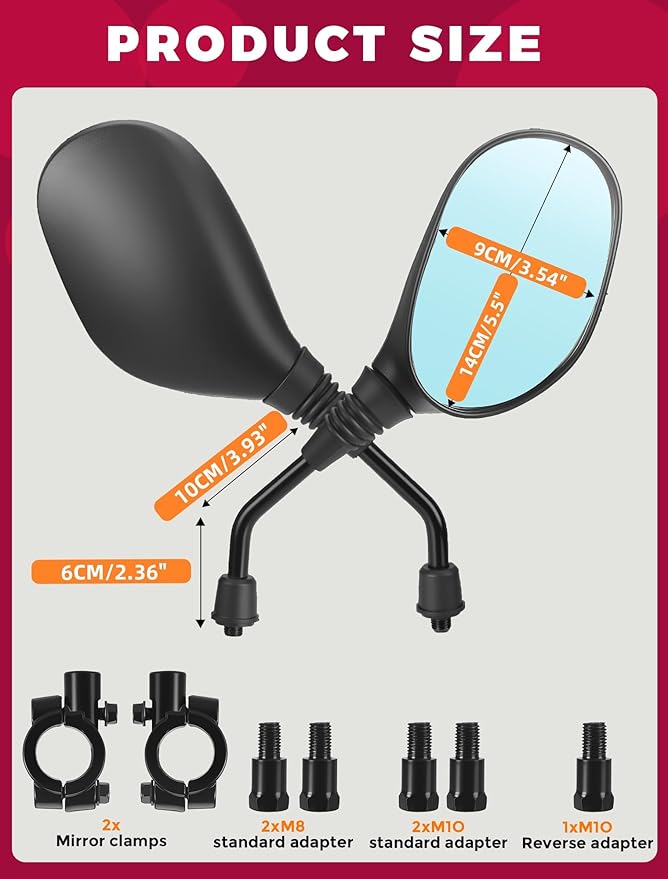 ATV Motorcycle Rear View Mirrors for Polaris Sportsman Honda Foreman Yamaha Big Bear Arctic Cat Suzuki Quadsport CFmoto Cforce 8mm/10mm Adapter 7/8" Handlebar Mount for Quads GY6 Scooters Mopeds