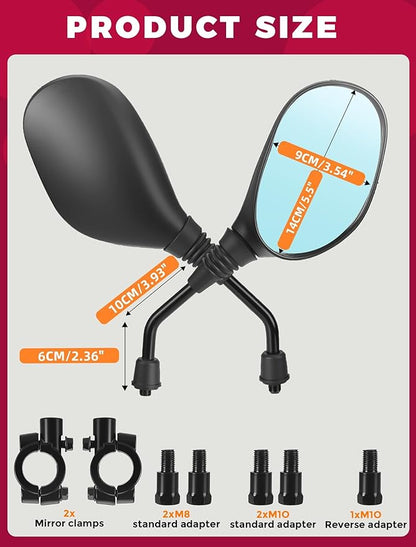 ATV Motorcycle Rear View Mirrors for Polaris Sportsman Honda Foreman Yamaha Big Bear Arctic Cat Suzuki Quadsport CFmoto Cforce 8mm/10mm Adapter 7/8" Handlebar Mount for Quads GY6 Scooters Mopeds