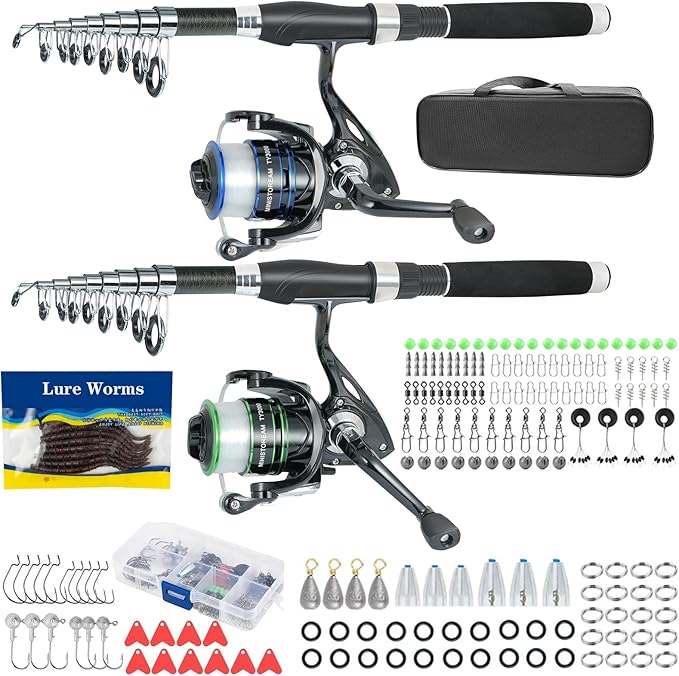 Fishing Pole Combo,2PCS 6.89ft Carbon Fiber Fishing Rods,Spinning Reels 170Pcs Worm Lure Kit Texas-Rigs-for-Bass Carrier Bag for Travel Freshwater