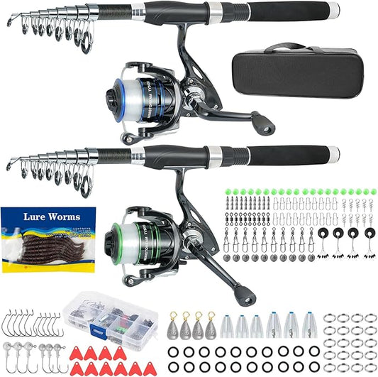 Fishing Pole Combo,2PCS 6.89ft Carbon Fiber Fishing Rods,Spinning Reels 170Pcs Worm Lure Kit Texas-Rigs-for-Bass Carrier Bag for Travel Freshwater