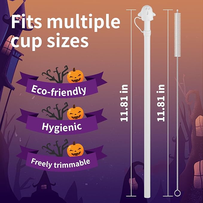 Halloween Party Favors 2025, Doboli Replacement 12 Inch Long Silicone Straw With Cover, Compatible with Stanley Owala 40 oz 30 oz Cup Tumbler, Funny 6 Pack Reusable Straw with Cleaning Brush