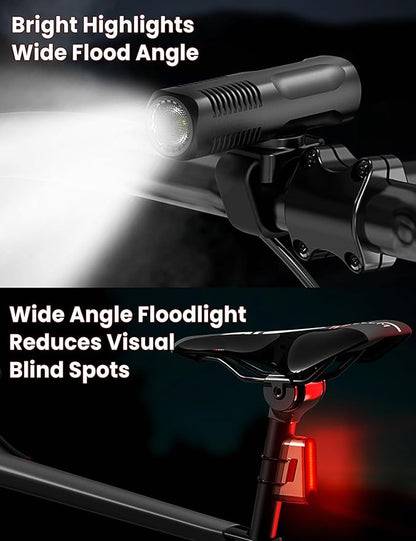 Bike Lights Front and Back Set, 8+5 Modes USB-C Rechargeable Bicycle Headlight and Tail Light, IP64 Waterproof LED Safety Lights for Night Riding, Road & Mountain Cycling Accessories, Easy to Install