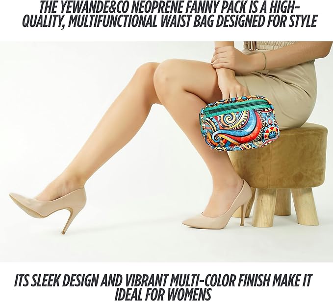 Yewande&co Neoprene Fanny Pack Belt Bag – Lightweight Waterproof Waist Bag with Adjustable Strap, 3 Zippered Pockets, Crossbody Belt Bag for Travel, African Design Crossbody Bags (Waves)