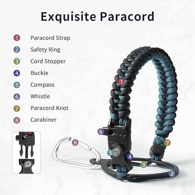 Trebo 24 oz Water Bottle Insulated with Lid and Straw,Double Wall Vacuum Stainless Steel Metal Tumbler Sports Flask with Paracord Handle, Keep Cold 48 Hours Water Cup with 3 Lids, Indigo/Black