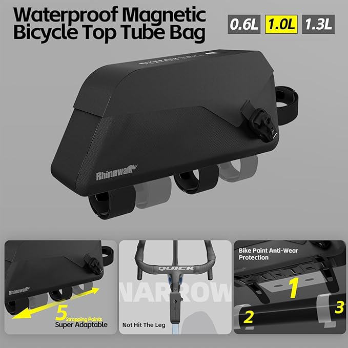 Rhinowalk Bike Top Tube Bag Waterproof IPX4 Magnetic Closure Frame Pouch for Road & MTB Slim Fit (Size 1.0L)