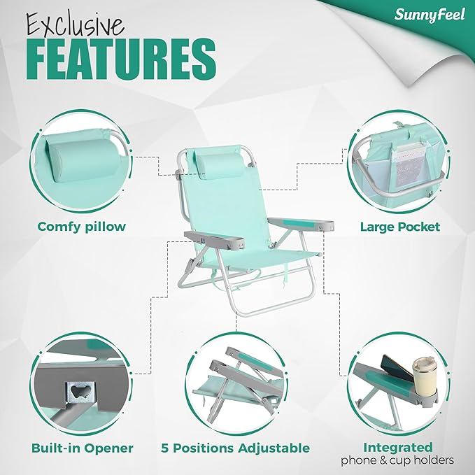 SUNNYFEEL Extra Wide Low Beach Chair 2 Pack 5 Position Lay, XL Oversized Portable Folding Camping Chairs with Cup Holder for Outdoor/Sand, Foldable Backpack Beach Chair for Adults Heavy Duty 500 LBS