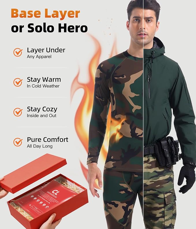 CL convallaria Mens Thermal Underwear Set with Fly Long Johns Base Layer Winter Hunting Gear Sport Top and Bottom