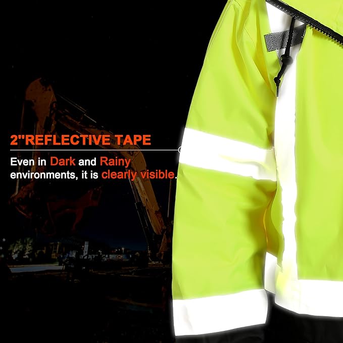 Reflective Rain jackets for men waterproof,Hi Vis Safety Coat With Reflective Strips，High Visibility Class 3 Rain jackets With 2 large pockets，Zipper,Black Bottom Lime,4XL/5XL