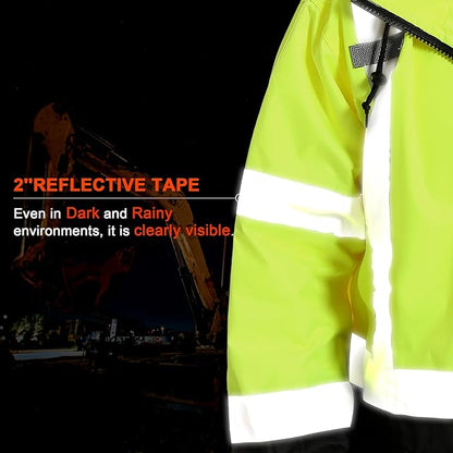 Reflective Rain jackets for men waterproof,Hi Vis Safety Coat With Reflective Strips，High Visibility Class 3 Rain jackets With 2 large pockets，Zipper,Black Bottom Lime,LG/XL