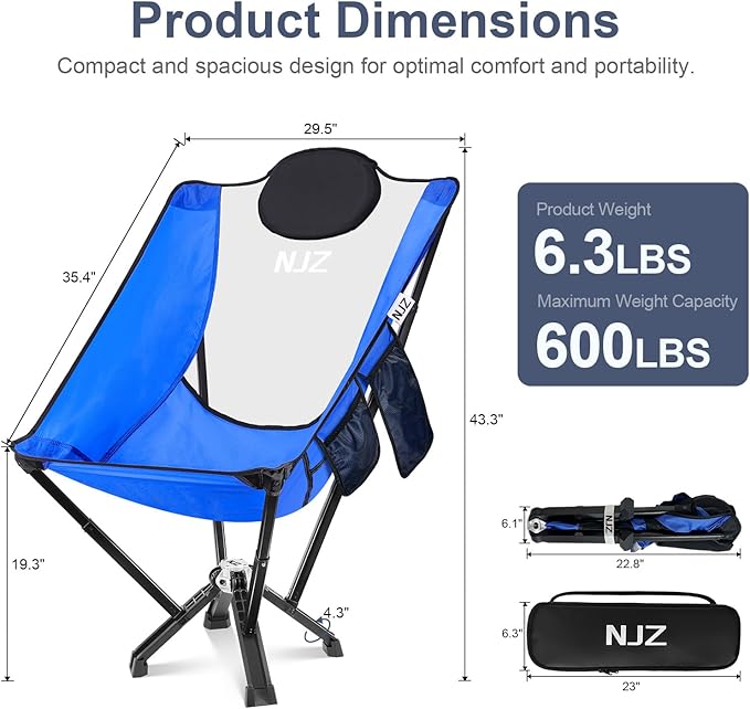 High Back Camping Chairs for Adults - 600 LBS Capacity Stable Outdoor Folding Chair with Comfortable Backrest & Headrest, Quick Setup - Portable Chair for Road Trip, Sports, Car Camping - Blue