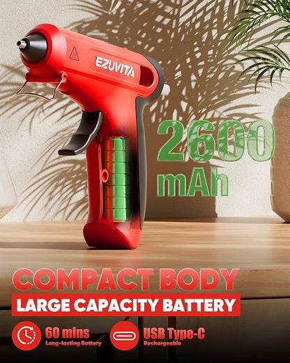 4V Red Cordless Hot Glue Gun Kit with 30 Multi-Color Glue Gun Sticks, Fast Preheating, USB-C Rechargeable with 2600mAh Built-in Battery, Less-Drip Hot Melt Glue Gun for DIY, Crafting, Art