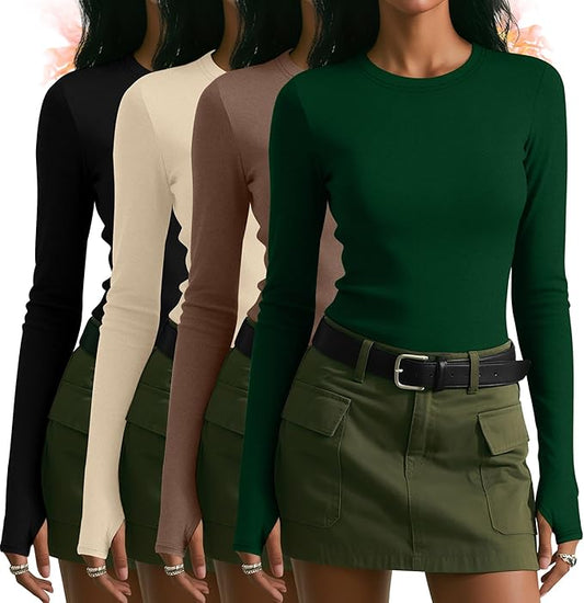 Neer 4 Pack Women's Fleece Thermal Long Sleeve Shirts, Thumb Holes Crew Neck Slim Fit Tops Warm Workout Basic Undershirt